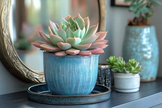 Pot with spus reflected in mirror on shelf.
