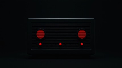 Fototapeta premium A minimalist black retro radio with glowing red dials and buttons, set against a dark background for a dramatic, modern look.