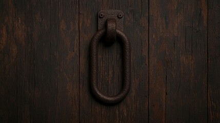 A rustic iron door knocker mounted on an old, dark wooden door.