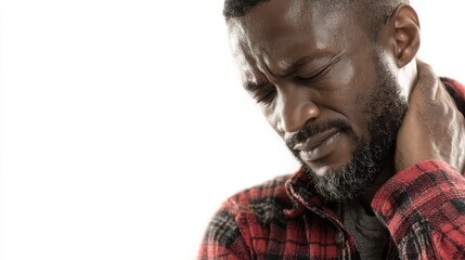 African man touching his neck and back in pain, rubbing his sore muscles from behind, white background.