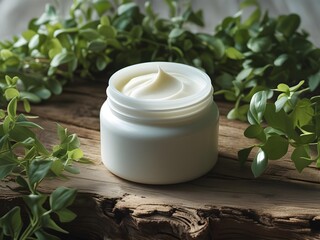 Cream jar on rustic wood with greenery in soft natural light.