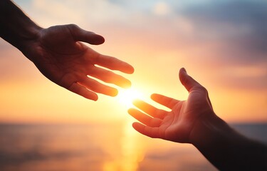 Two Hands Reaching Towards Sunset Offering Support and Hope