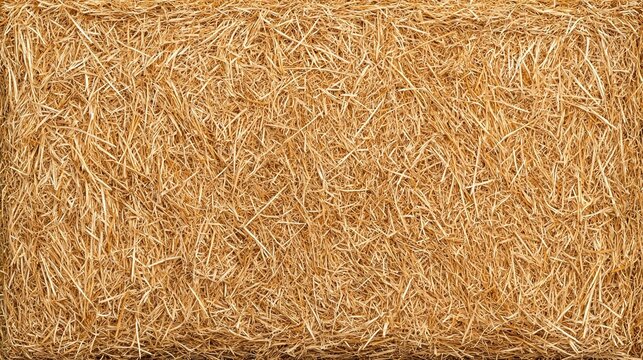 Close-up view of a tightly packed rectangular hay bale with golden straw texture.