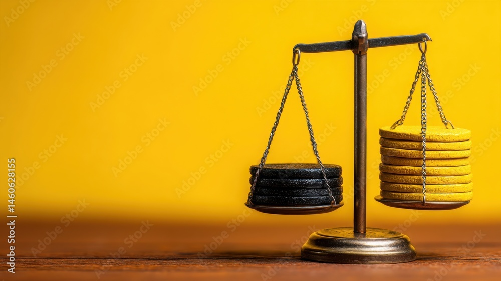Poster balanced scale with a stack of coins on one side representing value and financial assessment in a bu