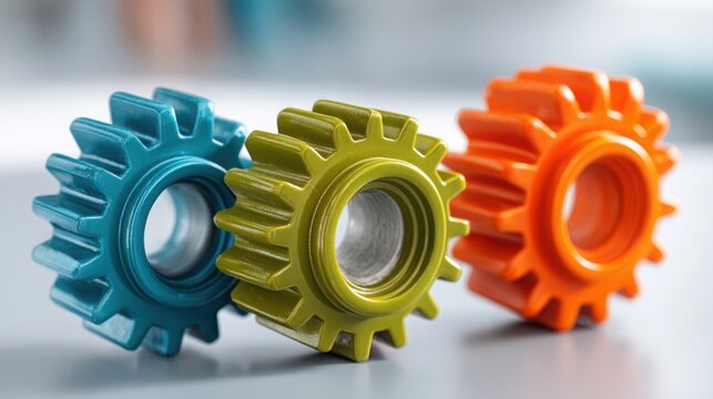 Three colorful gears illustrating lean operations model and cost control through innovative design and conceptual frameworks