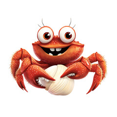 Cartoon Crab Holding Seashell Isolated on Transparent Background