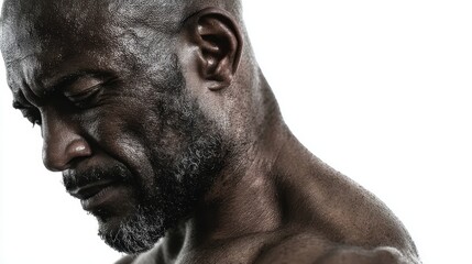 Obraz premium African man experiencing neck and back pain, massaging sore muscles from behind, isolated over a white background.