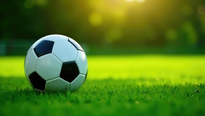 Fototapeta premium Soccer ball resting on a lush green soccer field, ready for kickoff , net, goal, perspective