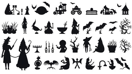 Spooky Black Halloween Character Silhouettes and Icons Set for Design Projects