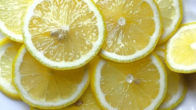 Top view of bright yellow sour lemon slices, Freshly sliced lemons arranged beautifully in sunlight