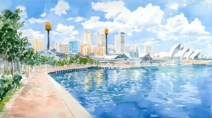 Naklejka premium Watercolor cityscape panorama of a waterfront promenade.