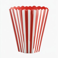 Red and white striped popcorn container with scalloped edge.  Detailed view of a conical, disposable popcorn box
