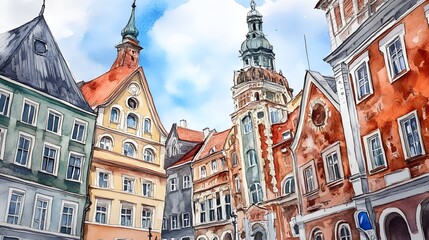 Obraz premium Colorful watercolor illustration of a European city street.