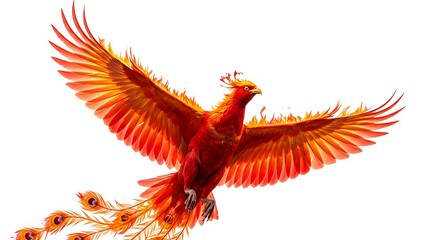 A phoenix with fiery wings, flying high, white background