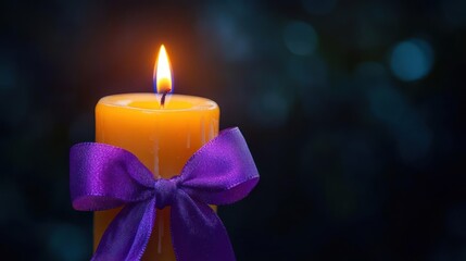 A lit candle with a purple ribbon tied around it.