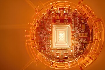 Fototapeta premium Abstract digital microchip glowing orange, showcasing intricate circuitry and technological innovation.