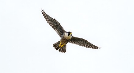 A falcon diving through the air, white background