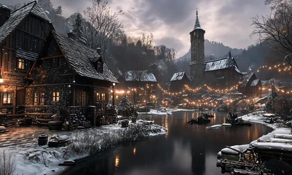 Enchanting Winter Village Scene with Twinkling Lights and Tranquil Waters