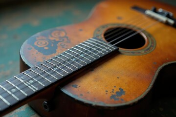 Fototapeta premium Close-up of a worn, vintage guitar with blues scales visible on the fretboard, resting on a weathered wooden surface , vintage guitar, scale, six-string guitar