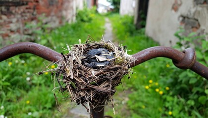 Bird’s nest on rusted bicycle handlebar in overgrown alley