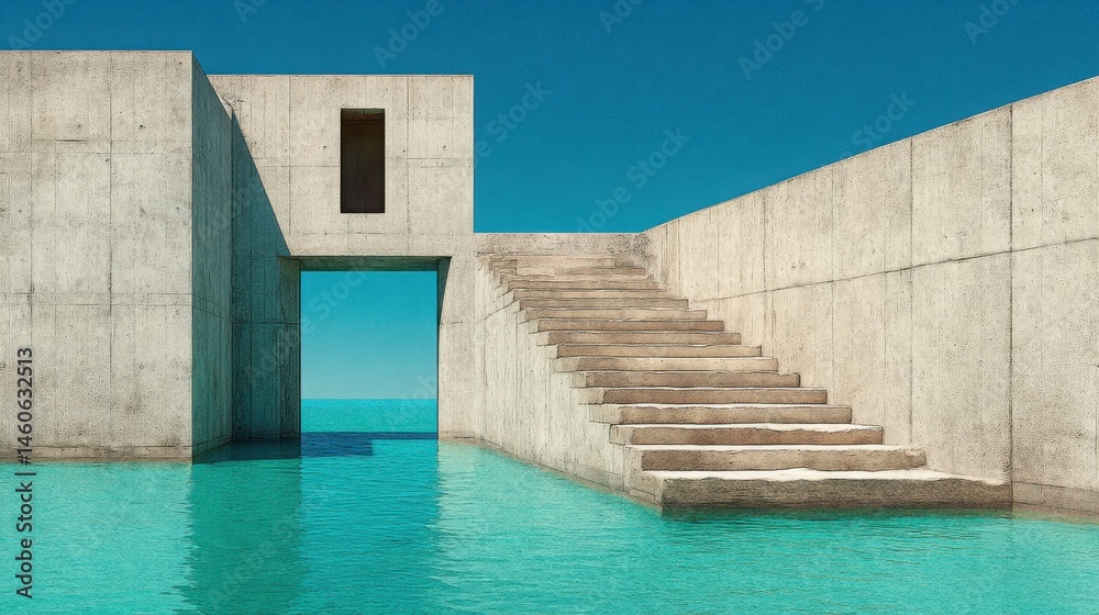 Poster inviting pool with steps leading to a door creating a minimalist visual experience for realistic ass