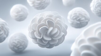 A delicate white flower surrounded by smooth white balls portraying minimal chaos and underlying disorder in clean spaces