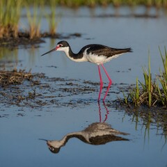 Fototapeta premium Black-necked Stilt on Shallow Water.