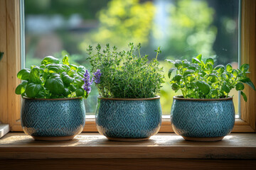 pots of herbs on a windowsill.