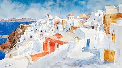 Watercolor painting of a picturesque coastal town.