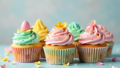 Delicious pastel cupcakes decorated as Easter eggs Perfect for spring celebrations and holidays , sprinkles, celebration