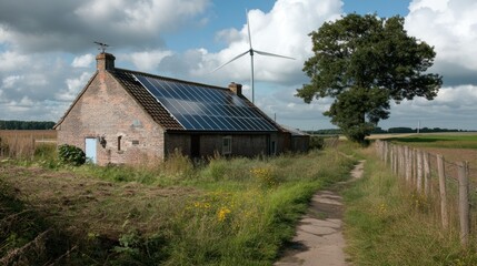 Obraz premium Rural dwelling with photovoltaic panels on a sunny day.