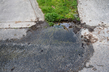 Water leaking from broken pipe in grass lawn strip between two concrete driveways
