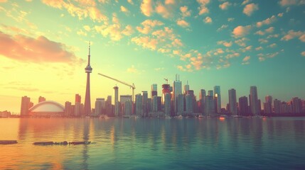 City skyline at sunset over tranquil waters.