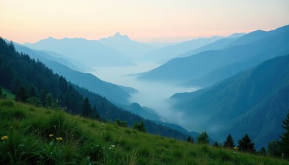 Fototapeta premium Misty mountain vista, tranquil natural setting, serene, mountain, ambiance