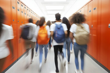 Diverse students walking school hallway motion blur orange lockers education back to school