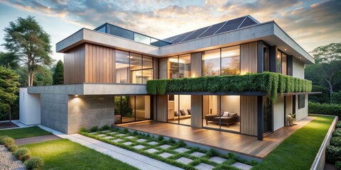 Fototapeta premium Modern Architectural Design of a Luxurious Residence with a Green Roof and Expansive Windows