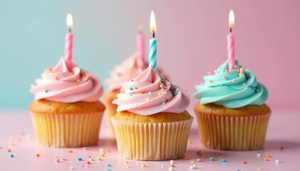 Pastel-colored cupcakes with sprinkles and candles , party, cute
