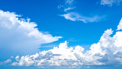 Bright blue sky with soft white clouds and wide empty space (copy space).
