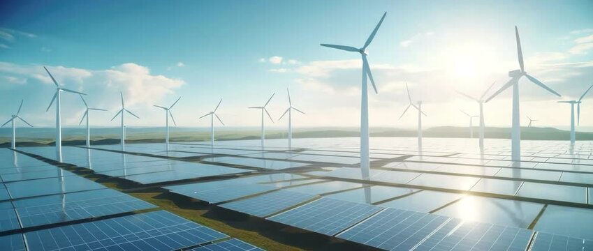 A renewable energy landscape featuring rows of solar panels and spinning wind turbines under a bright, partly cloudy sky