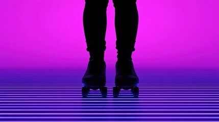 Silhouette of roller skates on striped neon floor with a vibrant purple background.