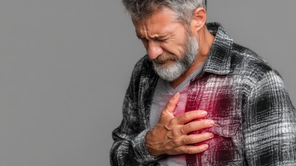 Breathing difficulties concept, middle-aged man with chest pain, touching inflamed zone, grey background, suffering from pneumonia or asthma.