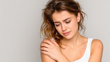 Obraz premium Young woman with irritated skin, scratching arm, suffering from eczema or dermatitis, beige studio background, wearing white top.