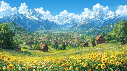 Sunflowers bloom in a vibrant valley, nestled amongst charming wooden houses and majestic snow-capped mountains under a clear sky