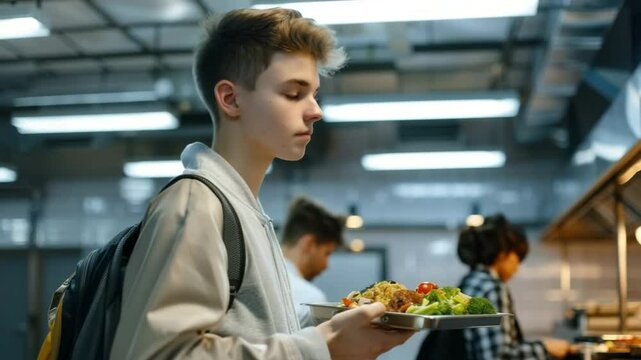 A young man carrying a plate of food in cafeteria setting, focusing on food. The man carries food, a plate, possibly lunch in school