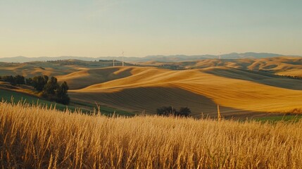 Golden hills and fields under a soft evening light.