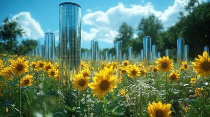 Sunflowers bloom vibrantly in a field, interspersed with tall, reflective cylindrical structures under a bright, sunny sky