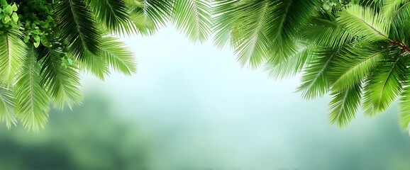 Naklejka premium Lush Green Palm Leaves Frame Tropical Paradise Background