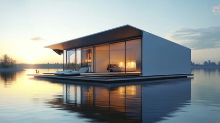 Modern floating house architecture on the lake with tranquil water reflection