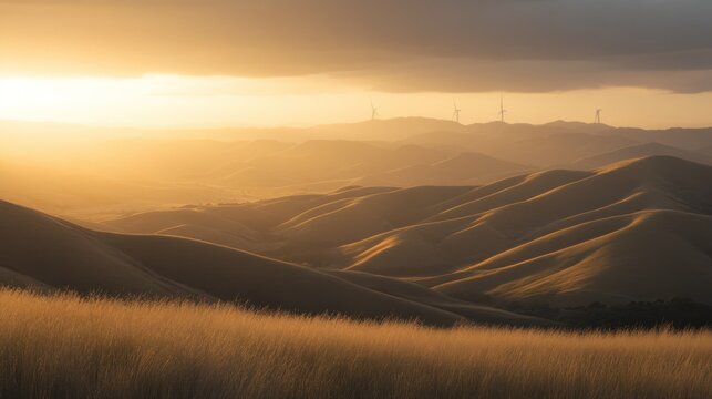 Golden hour landscape view of rolling hills and grasses.