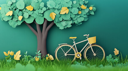A digital art piece of a bicycle next to a tree with meadow